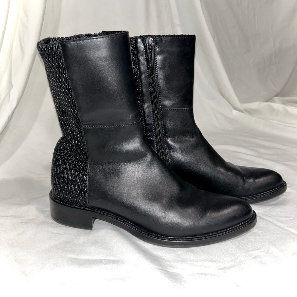 Aquatalia Geneen Black Italian Leather Mid Calf Zip Ankle Weatherproof Boots
